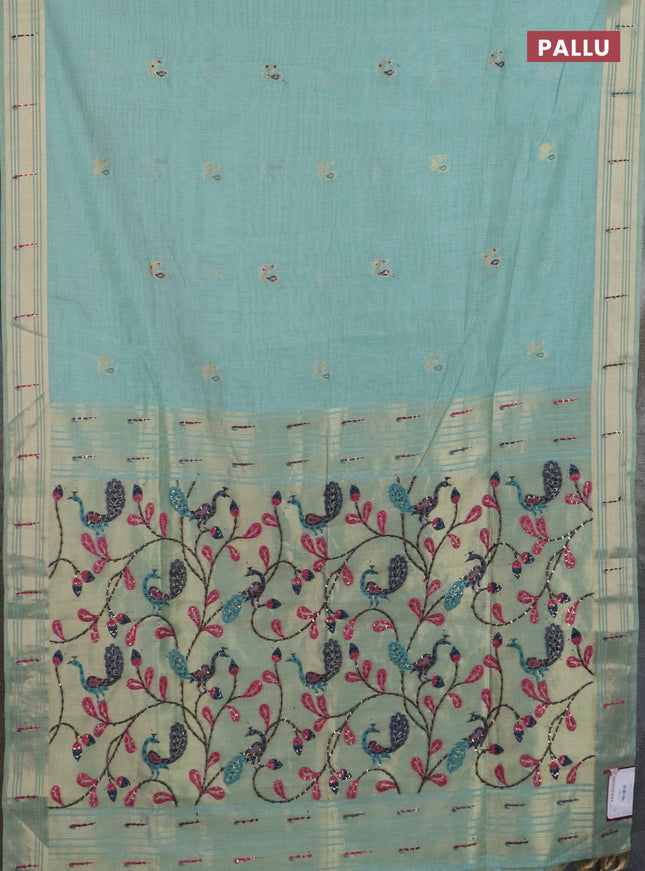 Jamdhani cotton saree teal shade with thread woven buttas & embroidery work and embroidery jamdhani pallu