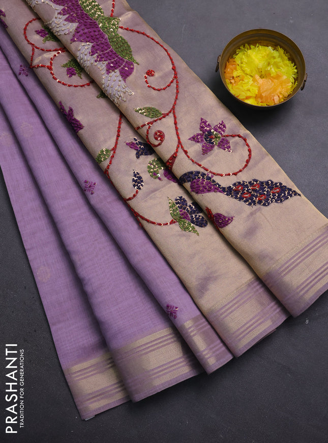 Jamdhani cotton saree lavender with thread woven buttas & embroidery work and embroidery jamdhani pallu