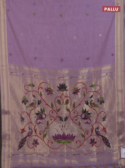 Jamdhani cotton saree lavender with thread woven buttas & embroidery work and embroidery jamdhani pallu
