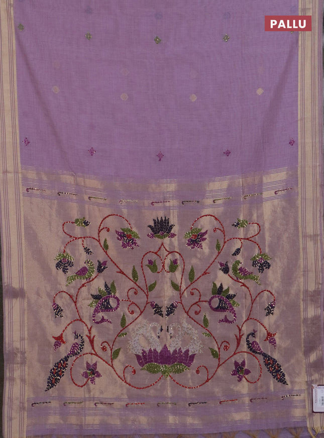 Jamdhani cotton saree lavender with thread woven buttas & embroidery work and embroidery jamdhani pallu