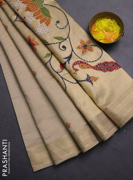 Jamdhani cotton saree sandal with thread woven buttas & embroidery work and embroidery jamdhani pallu