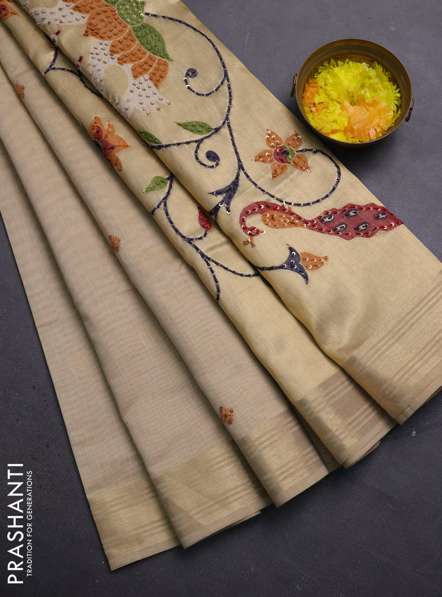 Jamdhani cotton saree sandal with thread woven buttas & embroidery work and embroidery jamdhani pallu