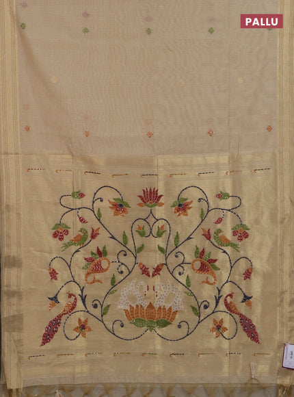 Jamdhani cotton saree sandal with thread woven buttas & embroidery work and embroidery jamdhani pallu