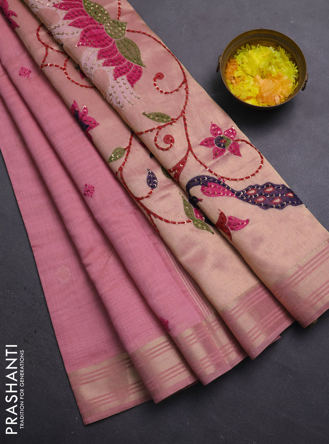 Jamdhani cotton saree peach pink with thread woven buttas & embroidery work and embroidery jamdhani pallu