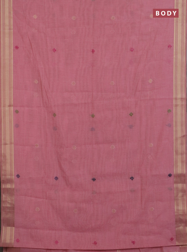 Jamdhani cotton saree peach pink with thread woven buttas & embroidery work and embroidery jamdhani pallu