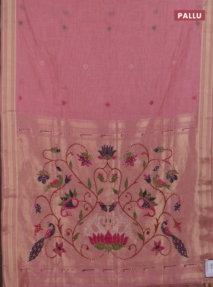 Jamdhani cotton saree peach pink with thread woven buttas & embroidery work and embroidery jamdhani pallu