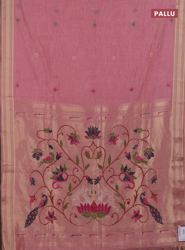 Jamdhani cotton saree peach pink with thread woven buttas & embroidery work and embroidery jamdhani pallu