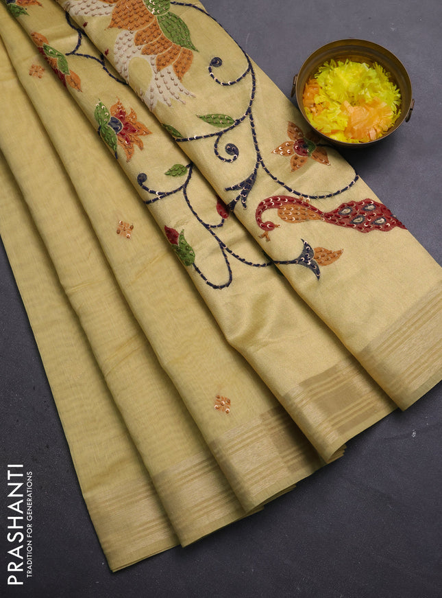 Jamdhani cotton saree pale yellow with thread woven buttas & embroidery work and embroidery jamdhani pallu