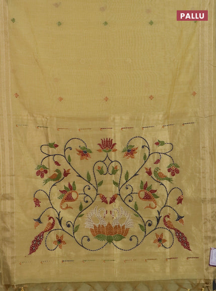 Jamdhani cotton saree pale yellow with thread woven buttas & embroidery work and embroidery jamdhani pallu