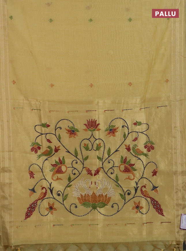 Jamdhani cotton saree pale yellow with thread woven buttas & embroidery work and embroidery jamdhani pallu