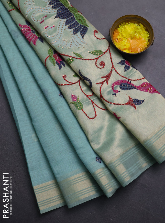Jamdhani cotton saree teal blue with thread woven buttas & embroidery work and embroidery jamdhani pallu