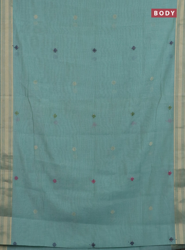 Jamdhani cotton saree teal blue with thread woven buttas & embroidery work and embroidery jamdhani pallu