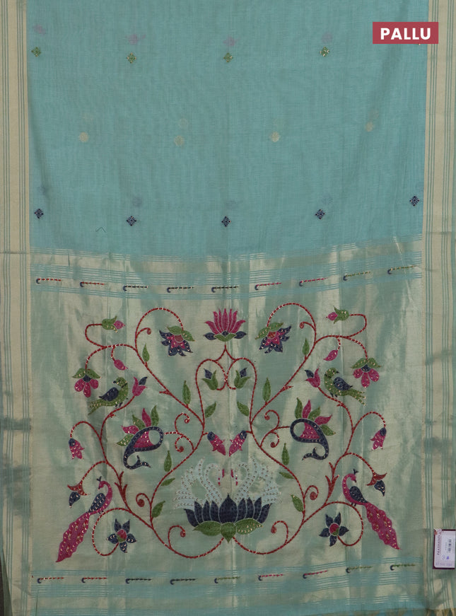 Jamdhani cotton saree teal blue with thread woven buttas & embroidery work and embroidery jamdhani pallu