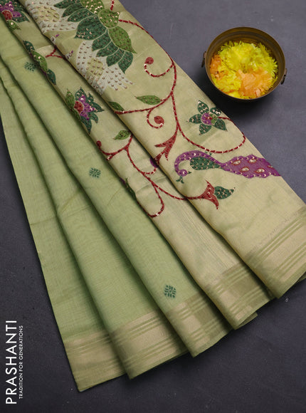 Jamdhani cotton saree pista green with thread woven buttas & embroidery work and embroidery jamdhani pallu