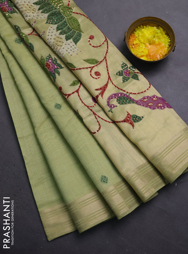 Jamdhani cotton saree pista green with thread woven buttas & embroidery work and embroidery jamdhani pallu