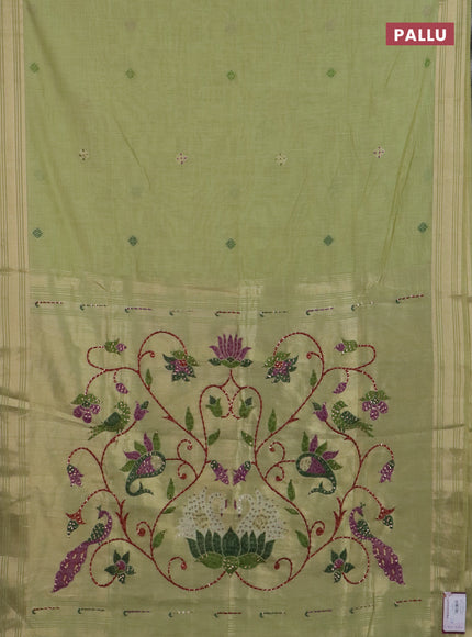 Jamdhani cotton saree pista green with thread woven buttas & embroidery work and embroidery jamdhani pallu