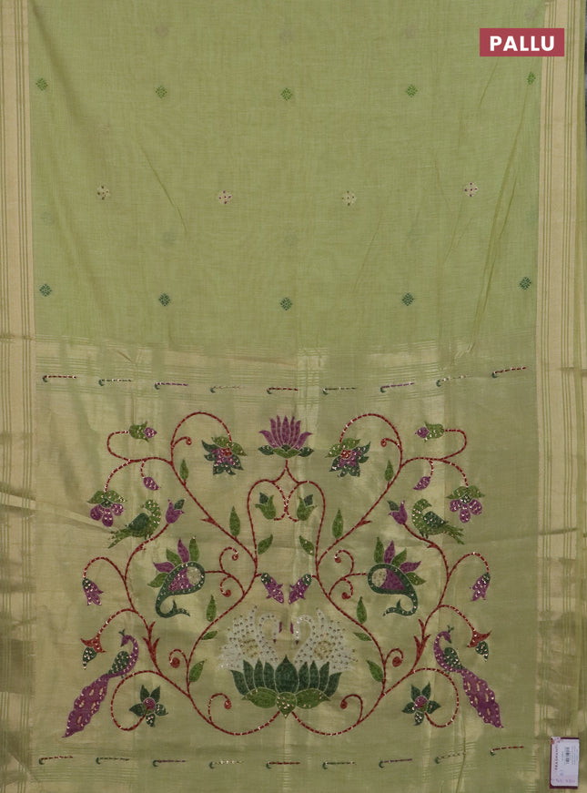 Jamdhani cotton saree pista green with thread woven buttas & embroidery work and embroidery jamdhani pallu