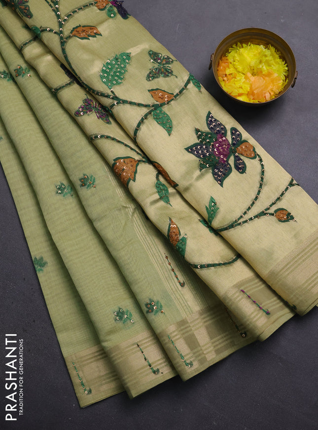 Jamdhani cotton saree pista green with thread woven buttas & embroidery work and embroidery jamdhani pallu