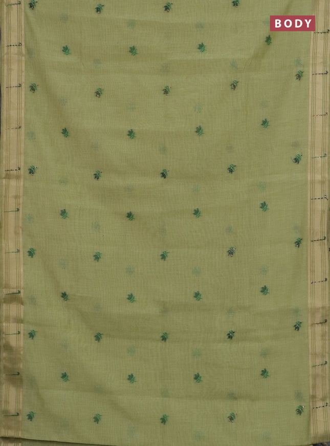 Jamdhani cotton saree pista green with thread woven buttas & embroidery work and embroidery jamdhani pallu