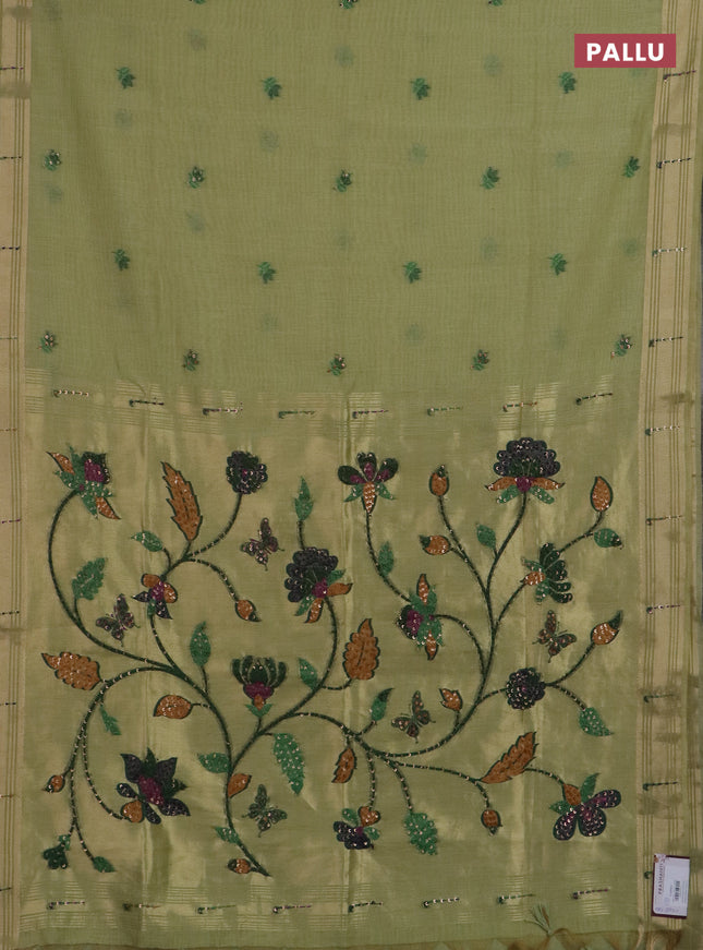 Jamdhani cotton saree pista green with thread woven buttas & embroidery work and embroidery jamdhani pallu