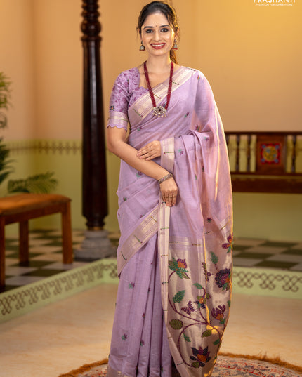 Jamdhani cotton saree lavender with thread woven buttas & embroidery work and embroidery jamdhani pallu