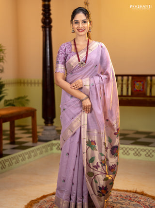 Jamdhani cotton saree lavender with thread woven buttas & embroidery work and embroidery jamdhani pallu