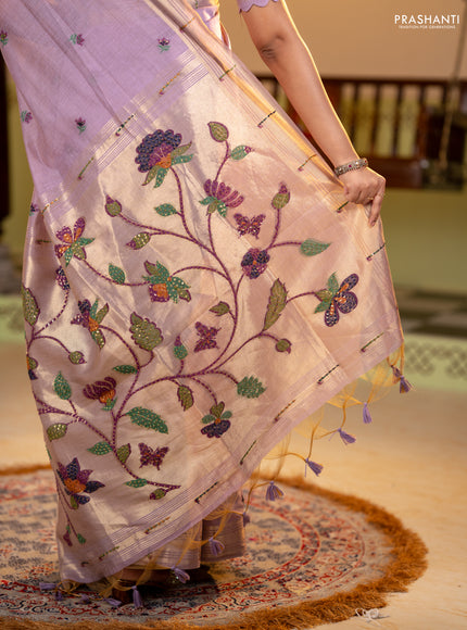 Jamdhani cotton saree lavender with thread woven buttas & embroidery work and embroidery jamdhani pallu