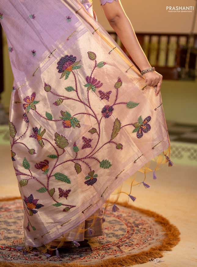 Jamdhani cotton saree lavender with thread woven buttas & embroidery work and embroidery jamdhani pallu