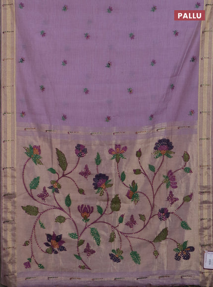 Jamdhani cotton saree lavender with thread woven buttas & embroidery work and embroidery jamdhani pallu