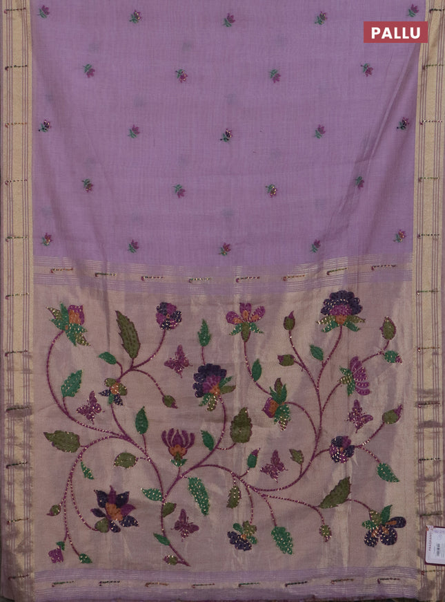 Jamdhani cotton saree lavender with thread woven buttas & embroidery work and embroidery jamdhani pallu