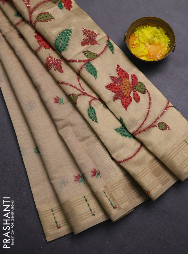 Jamdhani cotton saree sandal with thread woven buttas & embroidery work and embroidery jamdhani pallu