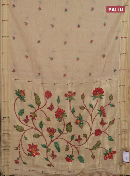 Jamdhani cotton saree sandal with thread woven buttas & embroidery work and embroidery jamdhani pallu
