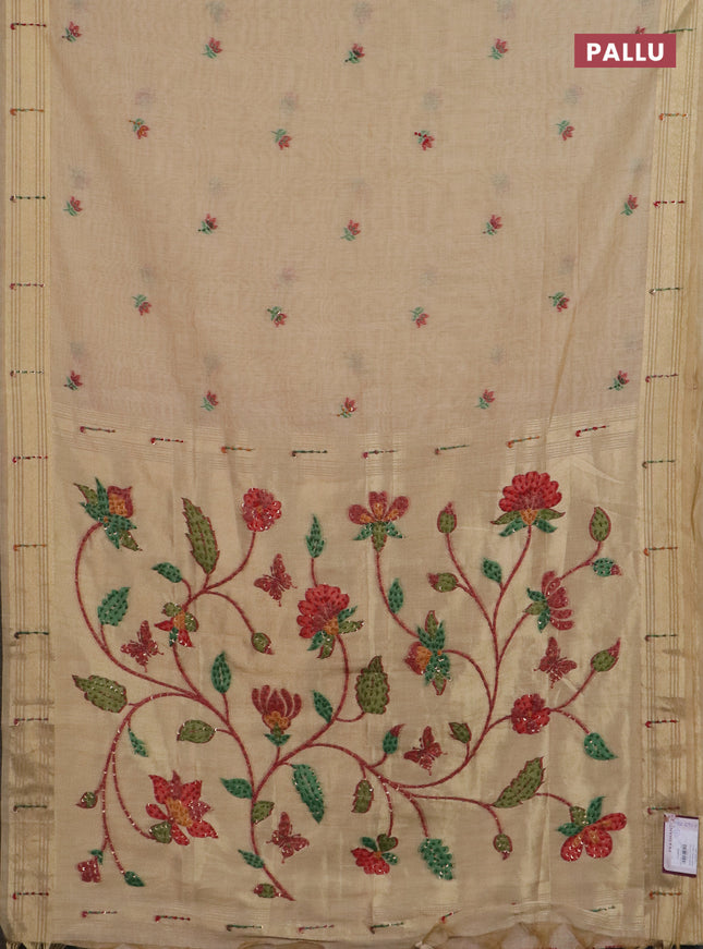 Jamdhani cotton saree sandal with thread woven buttas & embroidery work and embroidery jamdhani pallu