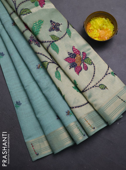 Jamdhani cotton saree teal blue shade with thread woven buttas & embroidery work and embroidery jamdhani pallu