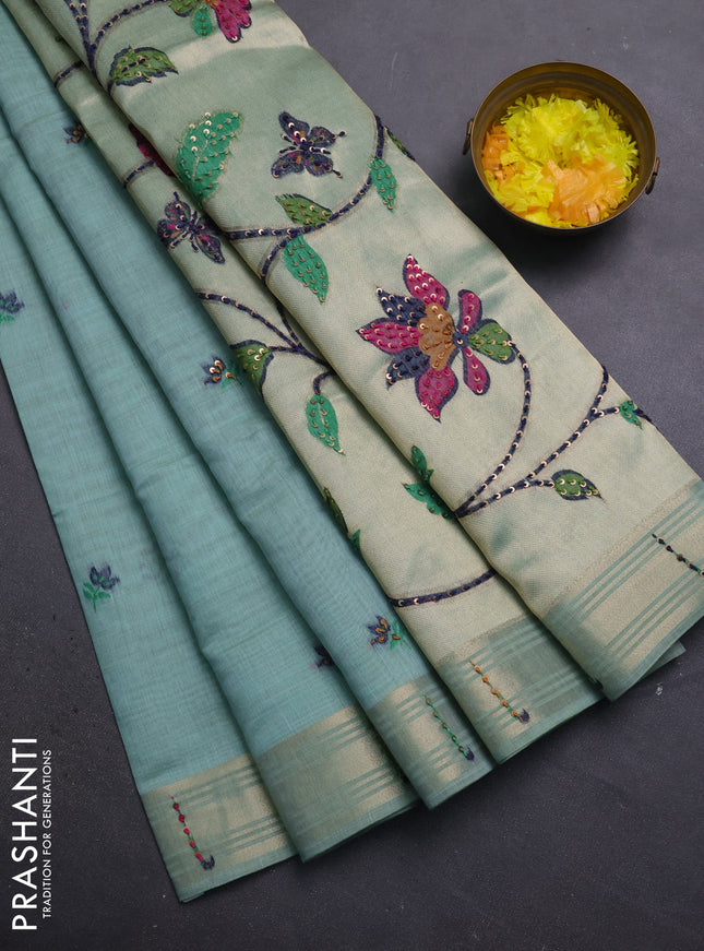 Jamdhani cotton saree teal blue shade with thread woven buttas & embroidery work and embroidery jamdhani pallu