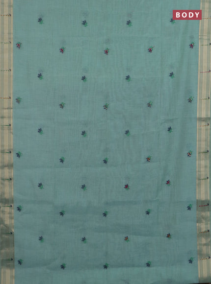 Jamdhani cotton saree teal blue shade with thread woven buttas & embroidery work and embroidery jamdhani pallu