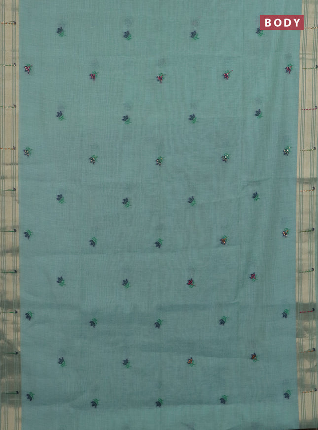 Jamdhani cotton saree teal blue shade with thread woven buttas & embroidery work and embroidery jamdhani pallu