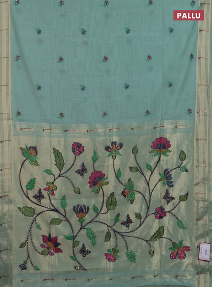Jamdhani cotton saree teal blue shade with thread woven buttas & embroidery work and embroidery jamdhani pallu