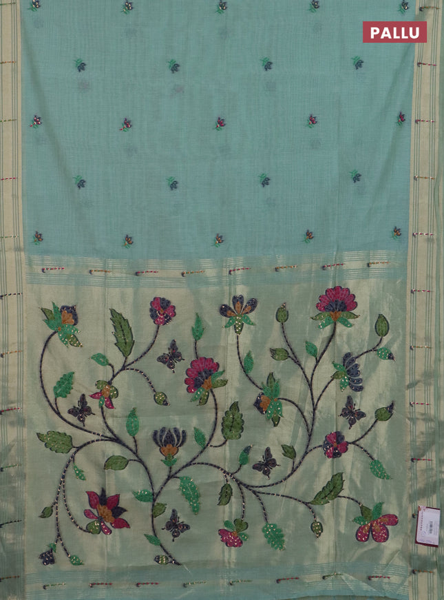 Jamdhani cotton saree teal blue shade with thread woven buttas & embroidery work and embroidery jamdhani pallu