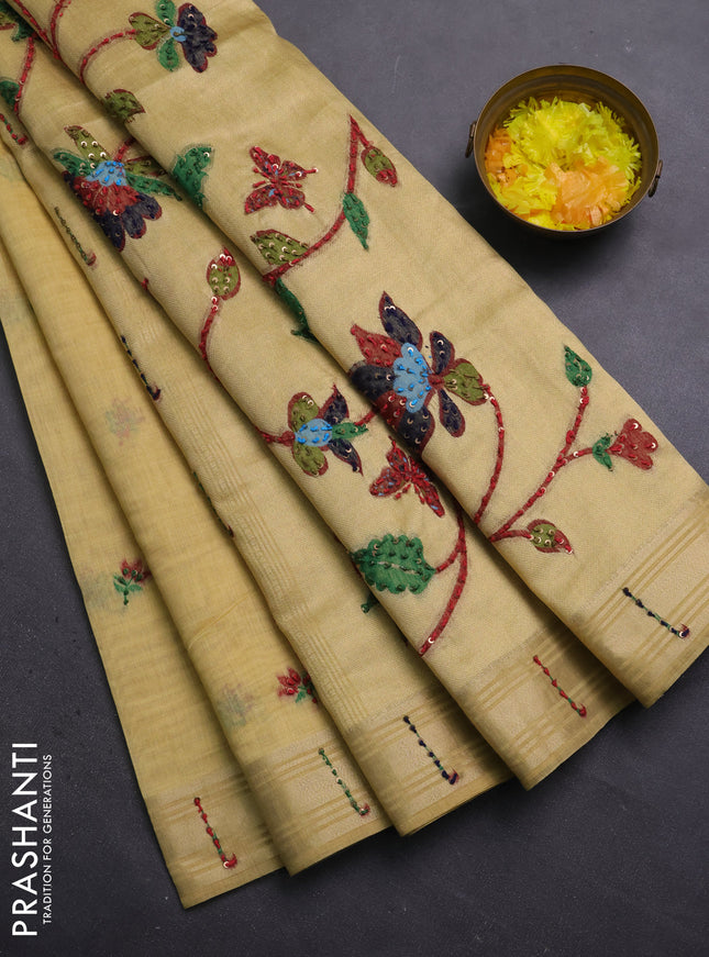 Jamdhani cotton saree pale yellow with thread woven buttas & embroidery work and embroidery jamdhani pallu