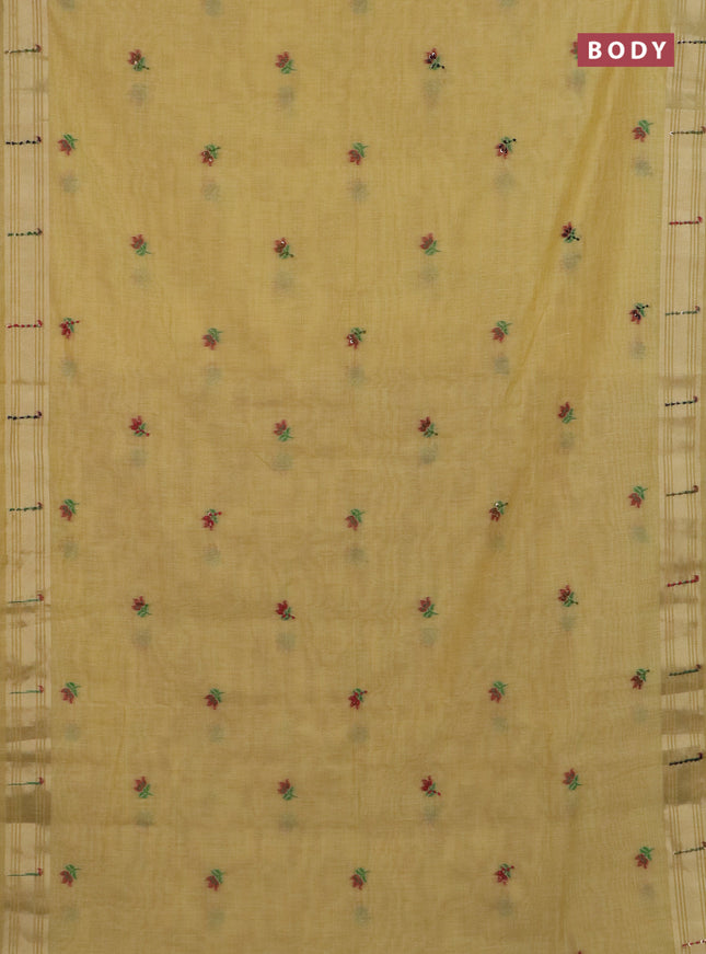 Jamdhani cotton saree pale yellow with thread woven buttas & embroidery work and embroidery jamdhani pallu
