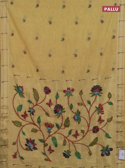 Jamdhani cotton saree pale yellow with thread woven buttas & embroidery work and embroidery jamdhani pallu