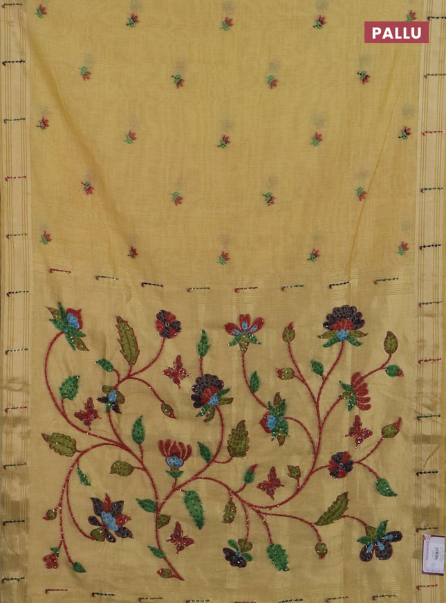 Jamdhani cotton saree pale yellow with thread woven buttas & embroidery work and embroidery jamdhani pallu