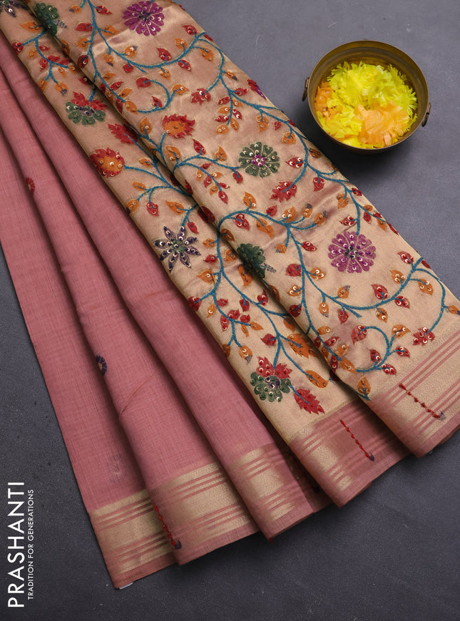 Jamdhani cotton saree peach shade with thread woven buttas & embroidery work and embroidery jamdhani pallu
