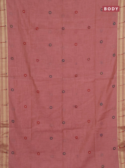 Jamdhani cotton saree peach shade with thread woven buttas & embroidery work and embroidery jamdhani pallu