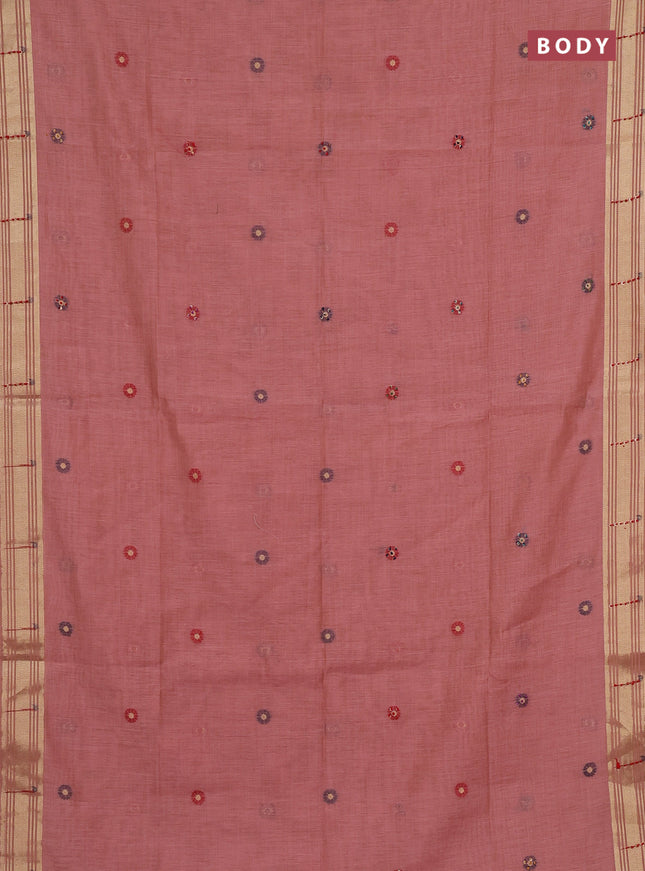 Jamdhani cotton saree peach shade with thread woven buttas & embroidery work and embroidery jamdhani pallu