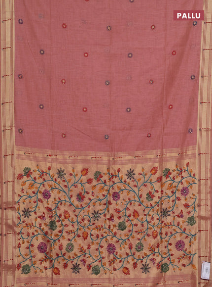Jamdhani cotton saree peach shade with thread woven buttas & embroidery work and embroidery jamdhani pallu