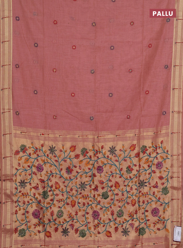 Jamdhani cotton saree peach shade with thread woven buttas & embroidery work and embroidery jamdhani pallu