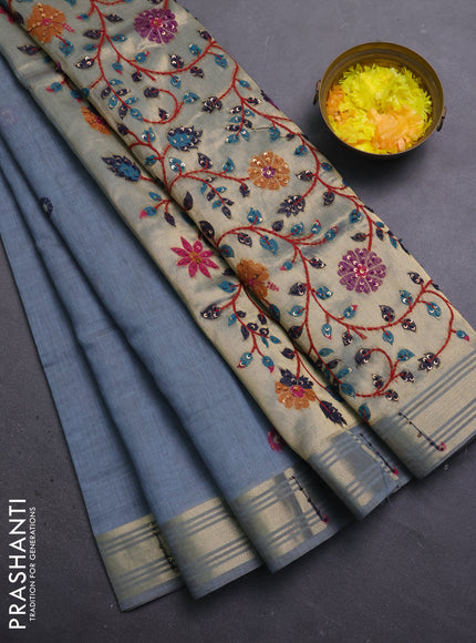 Jamdhani cotton saree bluish grey with thread woven buttas & embroidery work and embroidery jamdhani pallu