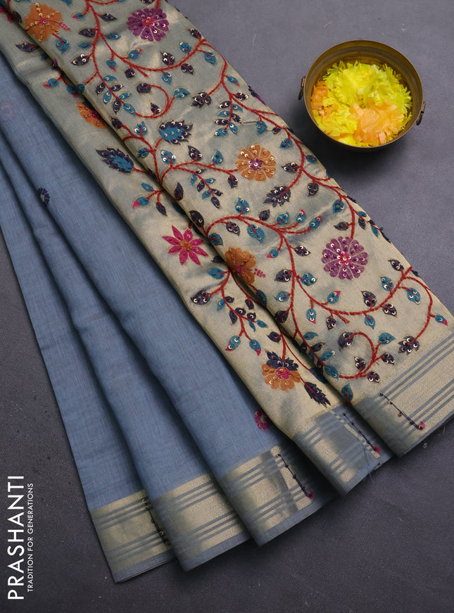 Jamdhani cotton saree bluish grey with thread woven buttas & embroidery work and embroidery jamdhani pallu